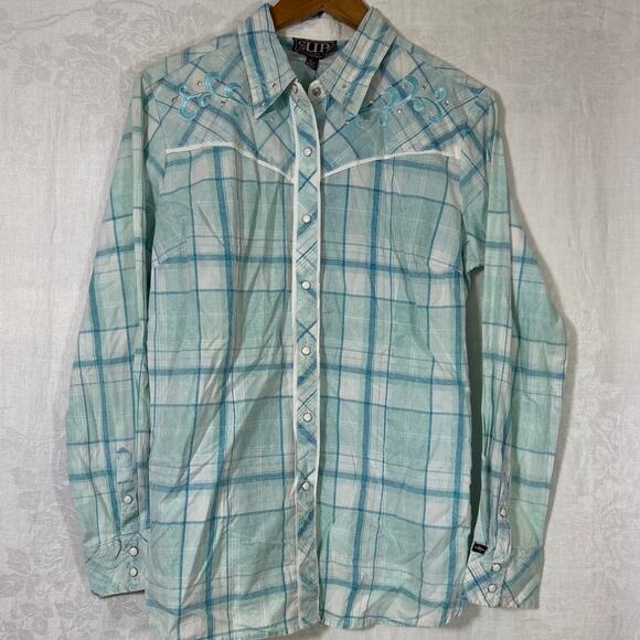 Cowgirl Up Pearl Snap Large NEW Blue Plaid Embroidered Studded Western - Picture 1 of 12